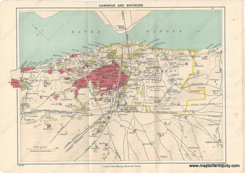 Genuine-Antique-Map-Cawnpur-and-Environs-India--Indian-Subcontinent--1910-Murray-Maps-Of-Antiquity-1800s-19th-century