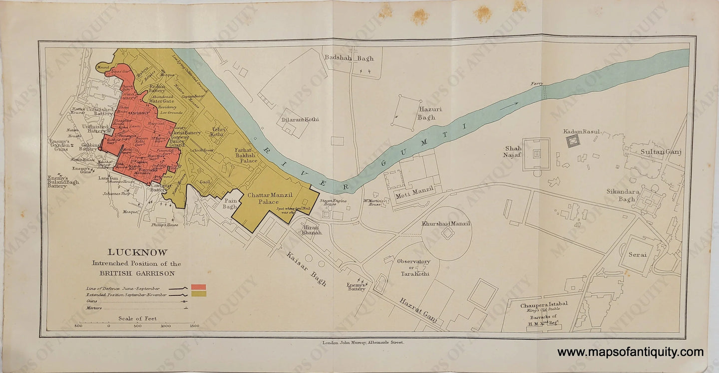 Genuine-Antique-Map-Lucknow-Intrenched-Position-of-the-British-Garrison-India--Indian-Subcontinent--1910-Murray-Maps-Of-Antiquity-1800s-19th-century