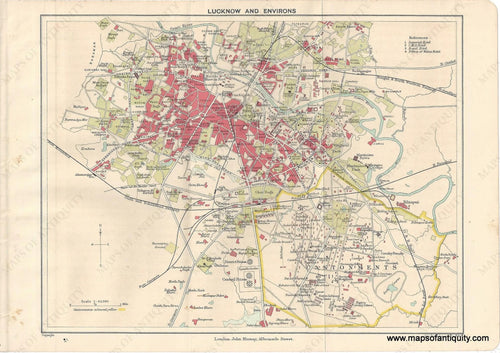 Genuine-Antique-Map-Lucknow-and-Environs-India--Indian-Subcontinent--1910-Murray-Maps-Of-Antiquity-1800s-19th-century