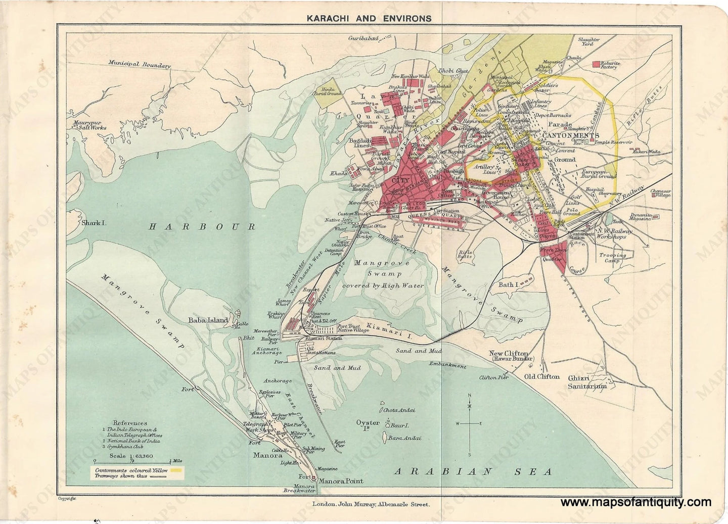 Genuine-Antique-Map-Karachi-and-Environs-Pakistan--Indian-Subcontinent--1910-Murray-Maps-Of-Antiquity-1800s-19th-century