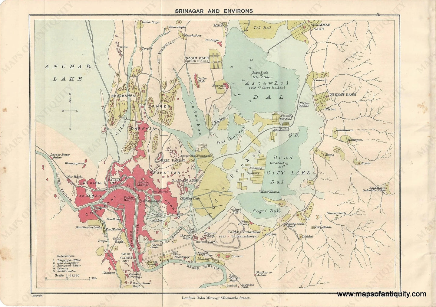 Genuine-Antique-Map-Srinagar-and-Environs-India--Indian-Subcontinent--1910-Murray-Maps-Of-Antiquity-1800s-19th-century