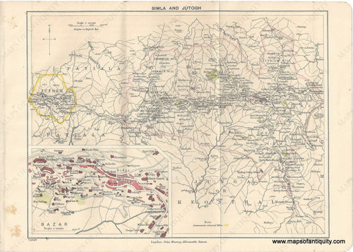 Genuine-Antique-Map-Simla-and-Jutogh-India--Indian-Subcontinent--1910-Murray-Maps-Of-Antiquity-1800s-19th-century