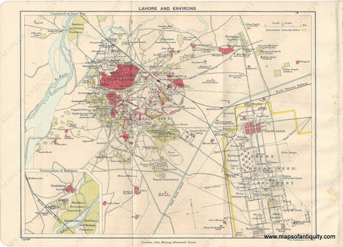 Genuine-Antique-Map-Lahore-and-Environs-Pakistan--Indian-Subcontinent--1910-Murray-Maps-Of-Antiquity-1800s-19th-century