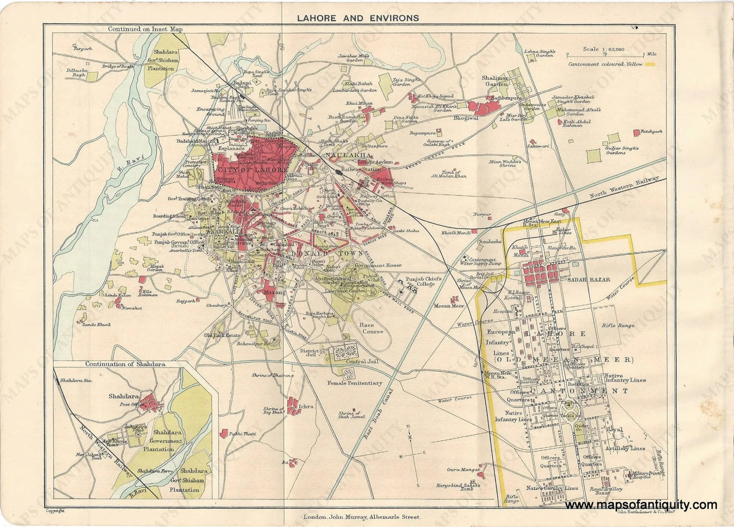 Genuine-Antique-Map-Lahore-and-Environs-Pakistan--Indian-Subcontinent--1910-Murray-Maps-Of-Antiquity-1800s-19th-century