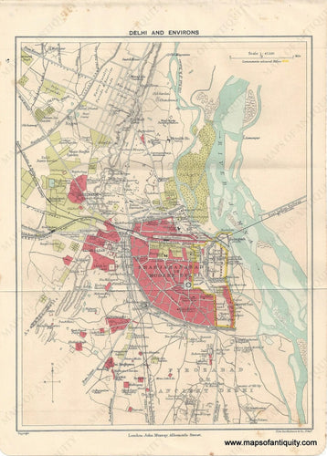 Genuine-Antique-Map-Delhi-and-Environs-India--Indian-Subcontinent--1910-Murray-Maps-Of-Antiquity-1800s-19th-century