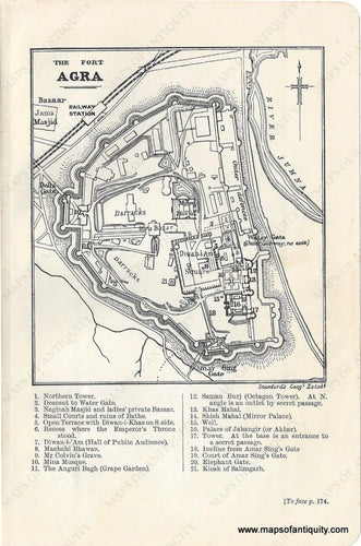 Genuine-Antique-Map-The-Fort-Agra-India--Indian-Subcontinent--1910-Murray-Maps-Of-Antiquity-1800s-19th-century