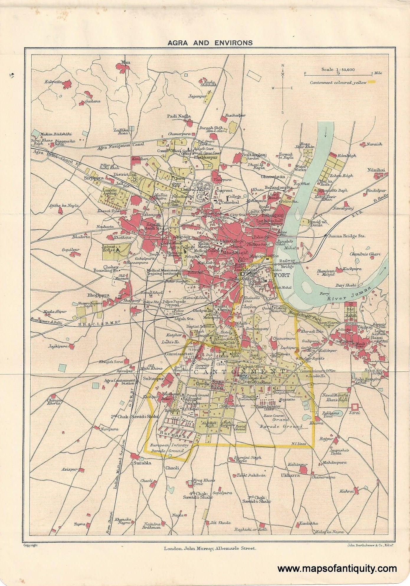 Genuine-Antique-Map-Agra-and-Environs-India--Indian-Subcontinent--1910-Murray-Maps-Of-Antiquity-1800s-19th-century