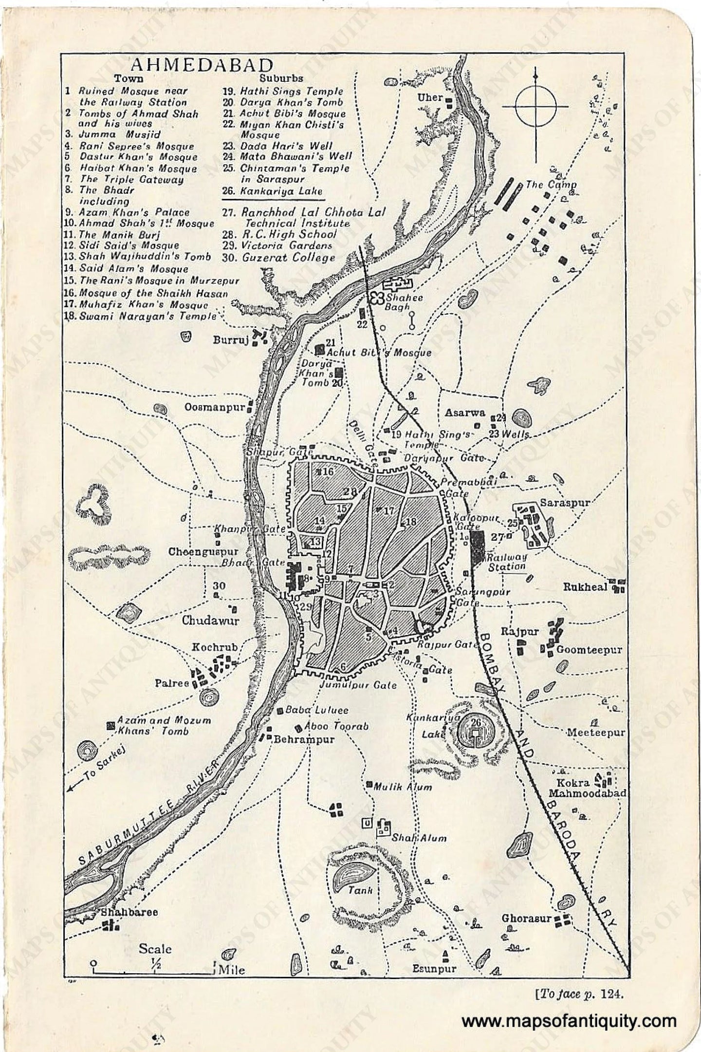 Genuine-Antique-Map-Ahmedabad-India--Indian-Subcontinent--1910-Murray-Maps-Of-Antiquity-1800s-19th-century