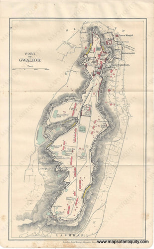 Genuine-Antique-Map-Fort-of-Gwalior-India--Indian-Subcontinent--1910-Murray-Maps-Of-Antiquity-1800s-19th-century