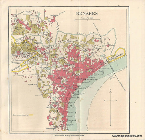 Genuine-Antique-Map-Benares-or-Varanasi--India--Indian-Subcontinent--1910-Murray-Maps-Of-Antiquity-1800s-19th-century