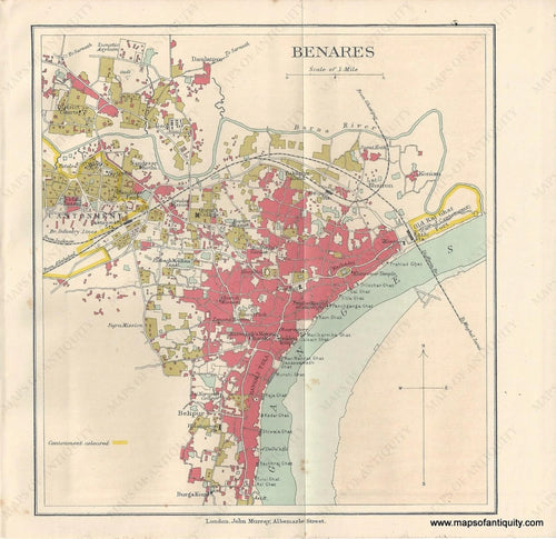 Genuine-Antique-Map-Benares-or-Varanasi--India--Indian-Subcontinent--1910-Murray-Maps-Of-Antiquity-1800s-19th-century