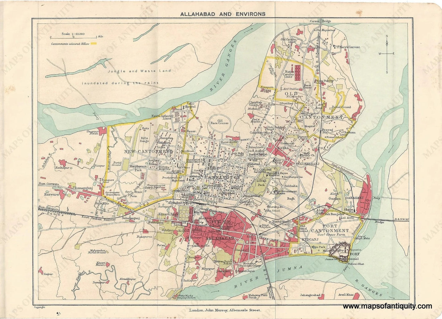 Genuine-Antique-Map-Allahabad-and-Environs-India--Indian-Subcontinent--1910-Murray-Maps-Of-Antiquity-1800s-19th-century