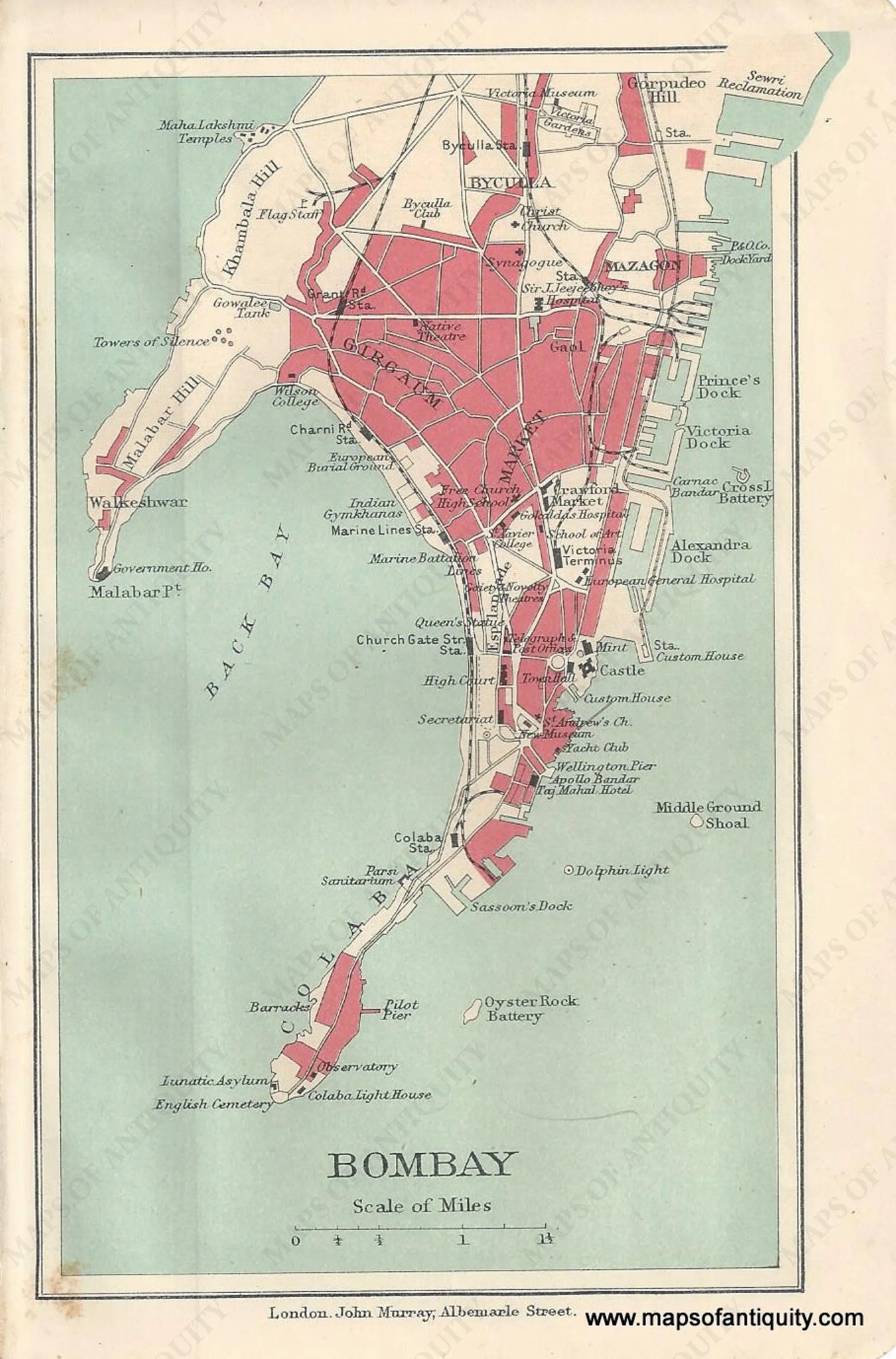 Genuine-Antique-Map-Bombay-India--Indian-Subcontinent--1910-Murray-Maps-Of-Antiquity-1800s-19th-century