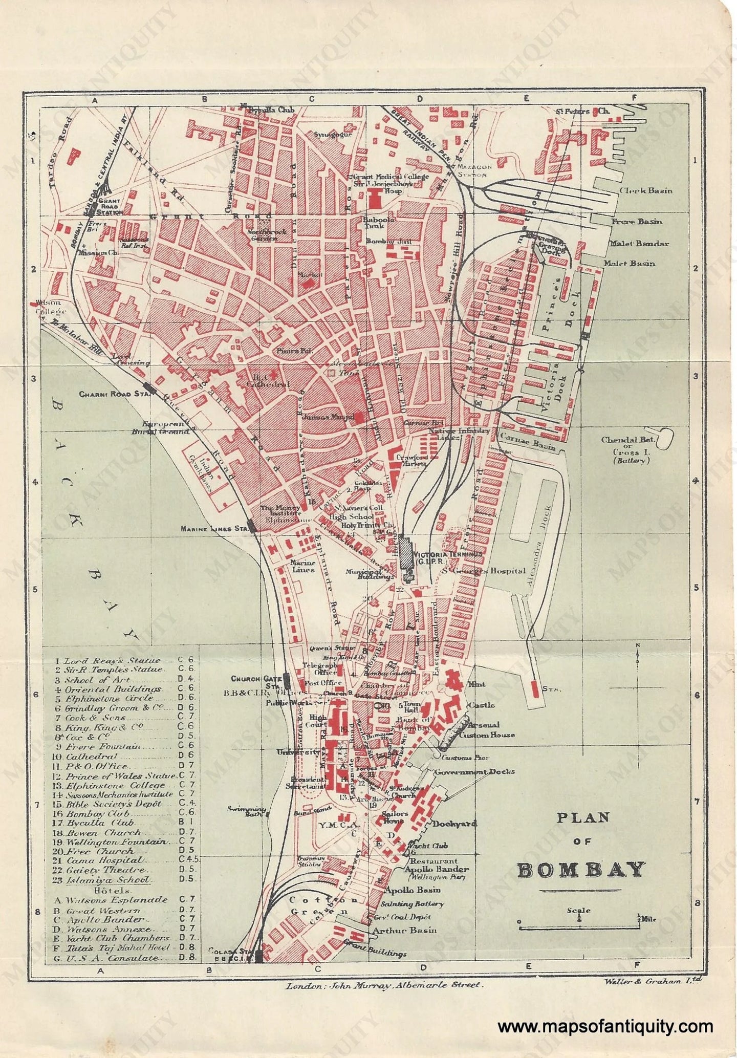 Genuine-Antique-Map-Plan-of-Bombay-India--Indian-Subcontinent--1910-Murray-Maps-Of-Antiquity-1800s-19th-century