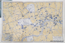 Load image into Gallery viewer, Antique map of London with yellow background and navy blue ink. shows roads and notable buildings as illustrations.
