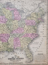 Load image into Gallery viewer, close-up of USA011 showing the eastern half of the country. hand-colored by state or territory in pale antique colored of green, blue, yellow, and red/pink
