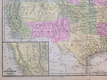 Load image into Gallery viewer, close-up of USA011 showing the southwest including Texas. hand-colored by state or territory in pale antique colored of green, blue, yellow, and red/pink
