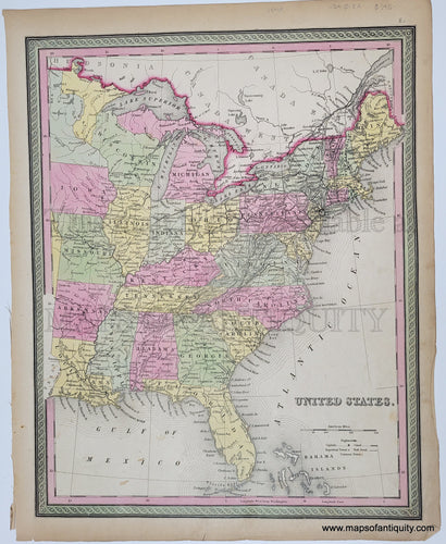 Antique Map with original hand-coloring in tones of green, yellow, peach, and pink. 
Antique-Hand-Colored-Map-United-States.--United-States-Eastern-United-States-1849-Mitchell-Universal-Atlas-Maps-Of-Antiquity