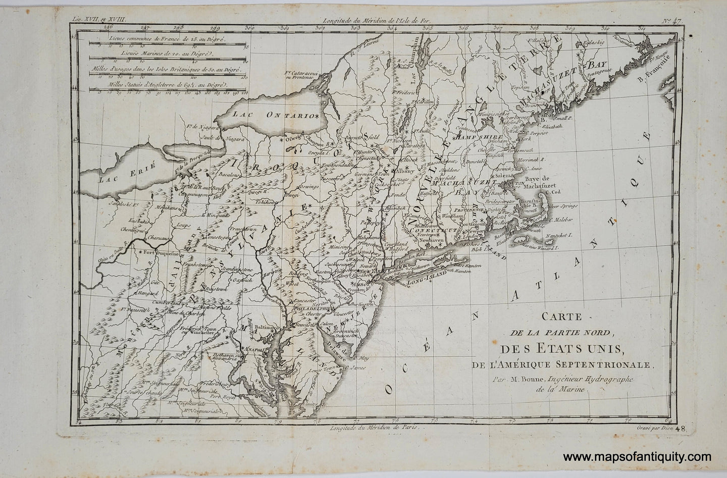 Antique map from 1780 showing the northeast  of the United States from Chesapeake Bay to Maine and as far west as Lake Erie. Grid of Latitude and Longitude lines. printed in black ink with no coloring.