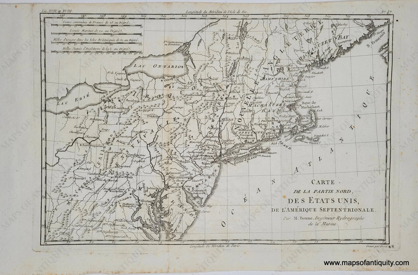 Antique map from 1780 showing the northeast  of the United States from Chesapeake Bay to Maine and as far west as Lake Erie. Grid of Latitude and Longitude lines. printed in black ink with no coloring.