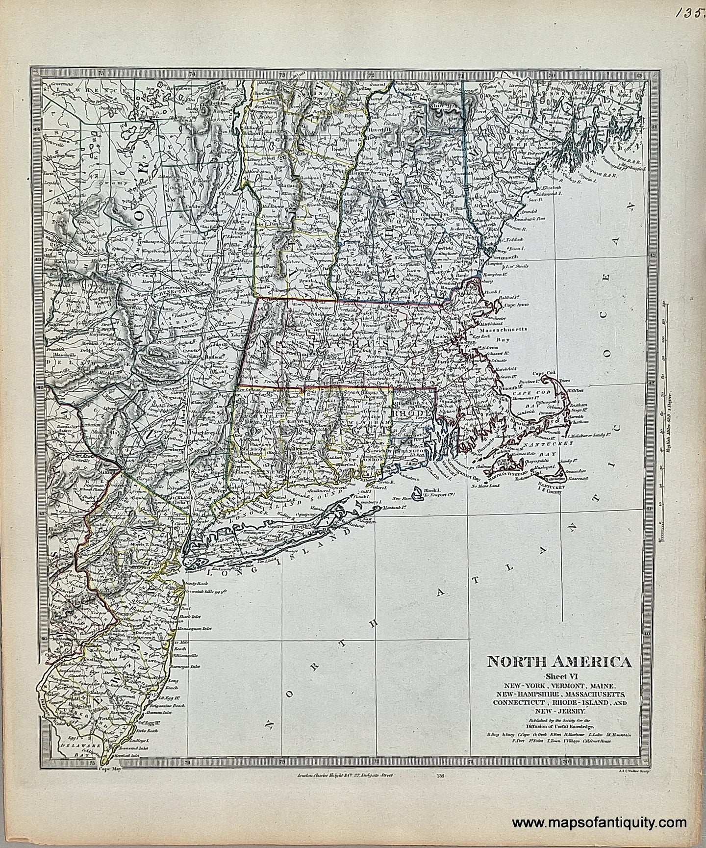 1850 - North America Sheet VI, New York, Vermont, Maine, New Hampshire, Massachusetts, Connecticut, Rhode Island, and New Jersey. - Antique Map