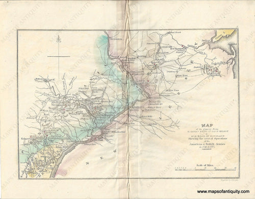 Antique-Hand-Colored-Map-Map-of-the-Country-from-Rariton-River-in-East-Jersey-to-Elk-Head-in-Maryland-Shewing-the-several-operations-of-the-American-&-British-Armies-in-1776-&-1777--********-United-States-Northeast-1832-John-Marshall-Maps-Of-Antiquity