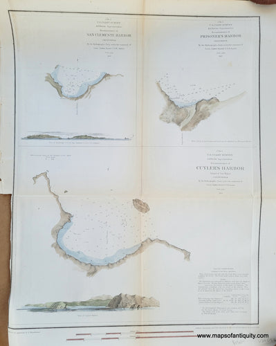 Hand-Colored-Antique-Harbor-Charts-U.S-Coast-Survey-Reconnaissance-of-Cuyler's-Harbor-...California-United-States-West-1852-U.S.-Coast-Survey-Maps-Of-Antiquity