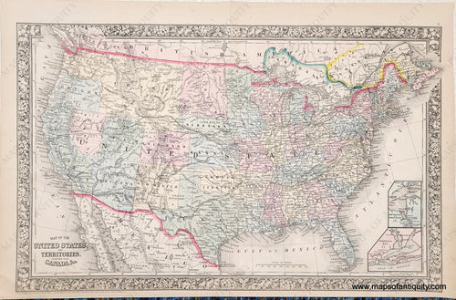 Antique map of the USA in tones of yellow, blue, green, and pink. A decorative floral border surrounds. Many of the western states were still territories at this time.