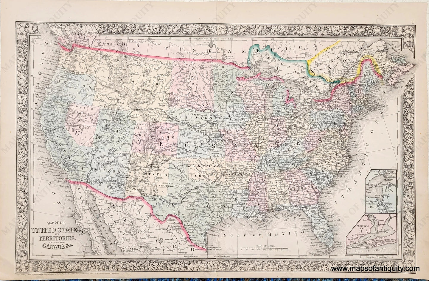 Antique map of the USA in tones of yellow, blue, green, and pink. A decorative floral border surrounds. Many of the western states were still territories at this time.