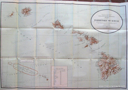 Map in printed colors of blue for the water, brown for the land and topography, and red for political divisions (towns?). Antique-Map-Printed-Color-Map-of-the-Territory-of-Hawaii-United-States-West-1909-U.S.-Government-Survey/Berthrong-Maps-Of-Antiquity