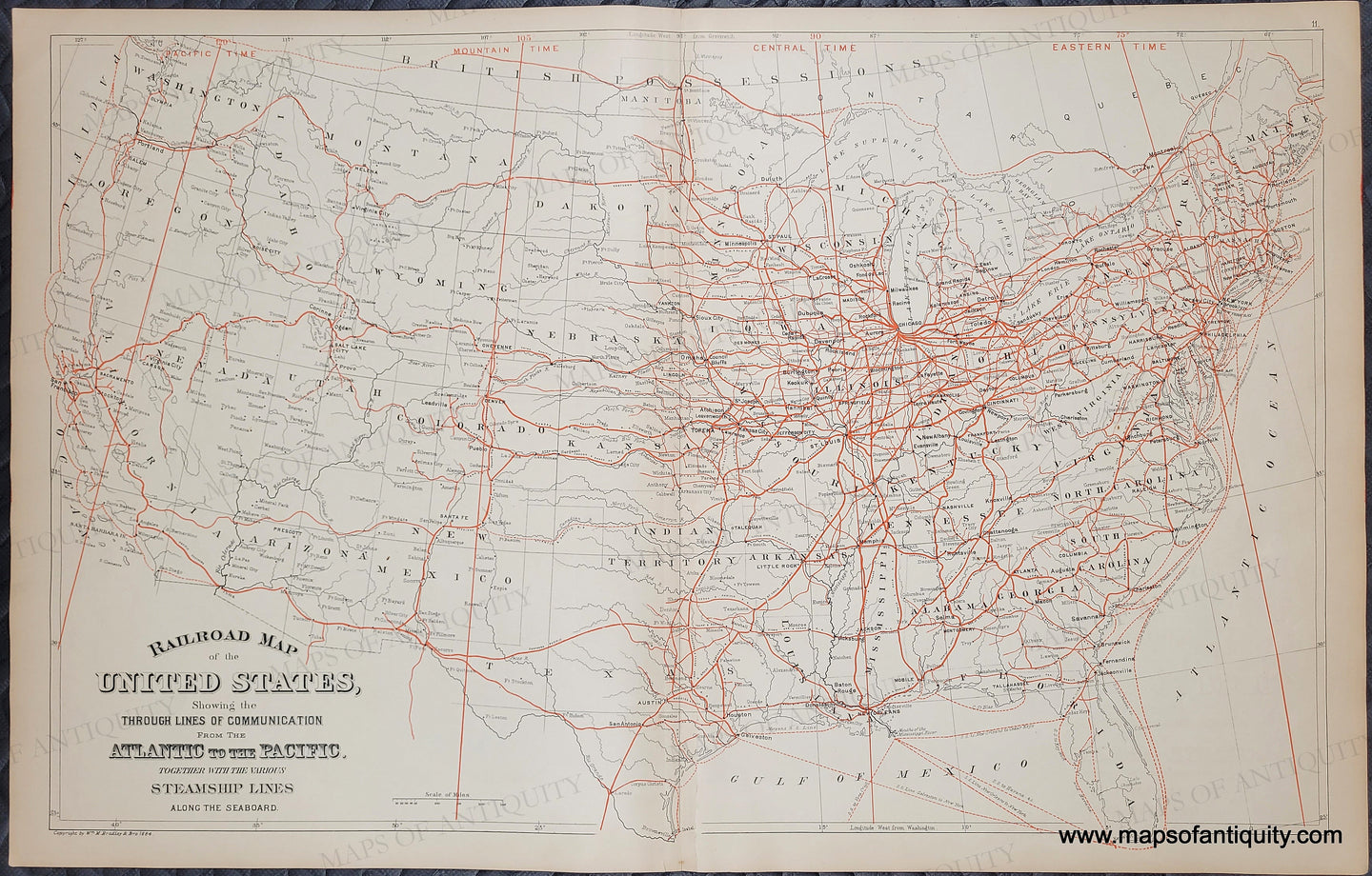 Black and white map of the united states with red lines showing railroads and steamship routes. Antique-Railroad-map-of-the-United-States-steamship-lines-mitchell-1885-1800s-19th-century