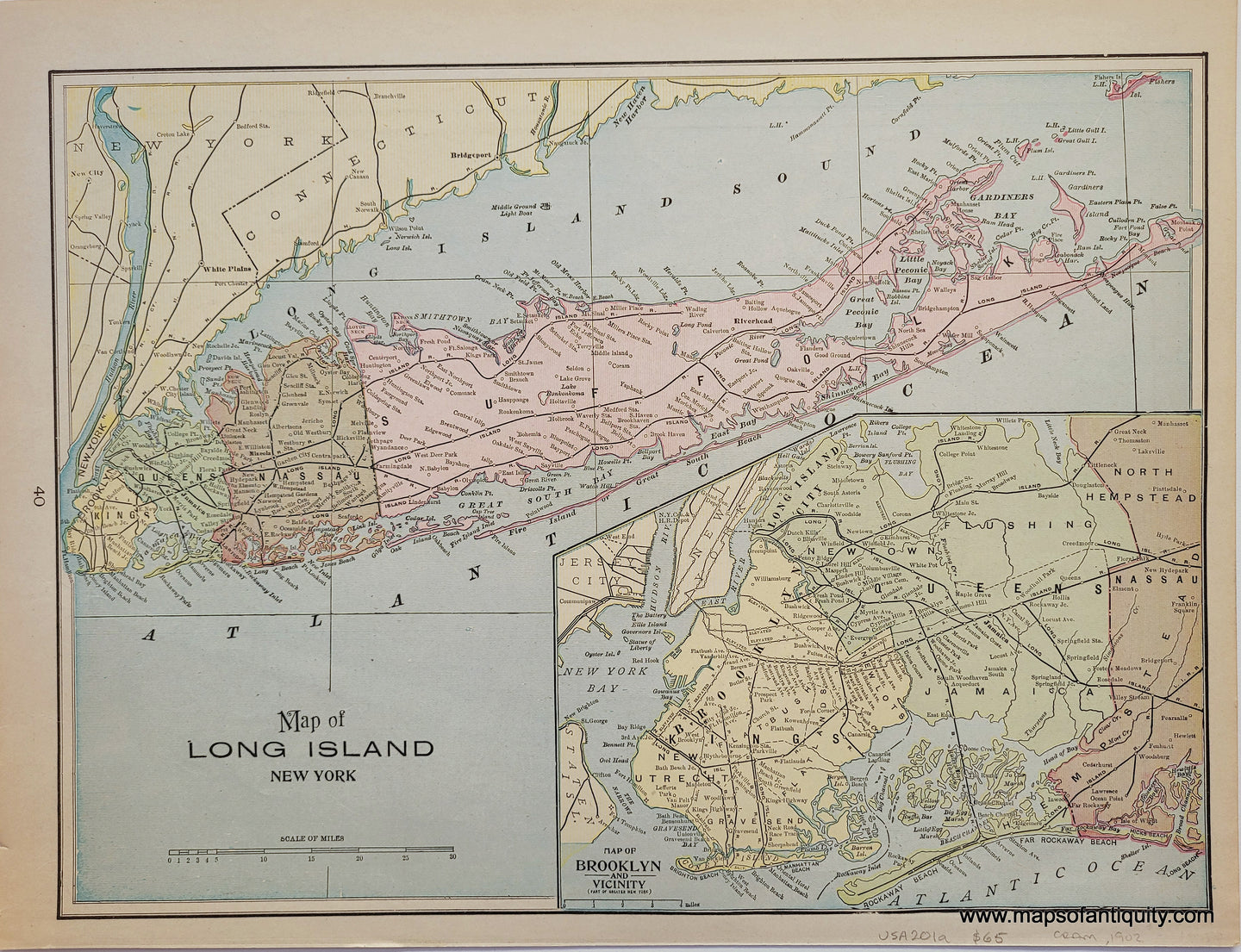 Map in pastel colors showing Long Island, colored by county, with a smaller map of Brooklyn and Queens