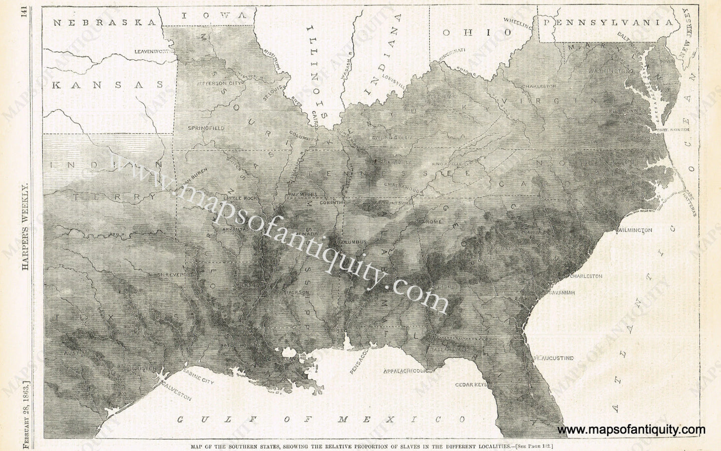 Antique-Uncolored-Map-Map-of-the-Southern-States-Showing-the-Relative-Proportion-of-Slaves-in-the-Different-Localities-United-States-South-1863-Harper's-Weekly-Maps-Of-Antiquity