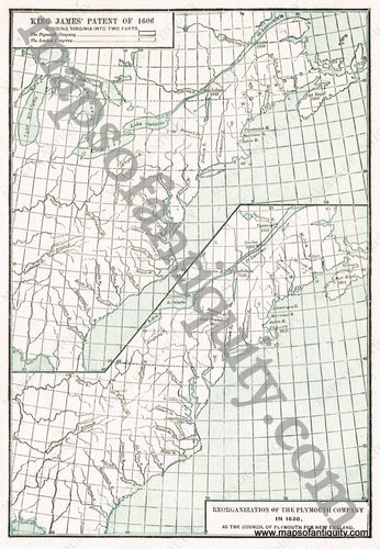 Antique-Printed-Color-Map-King-James'-Patent-of-1606-Reorganization-of-The-Plymouth-Company-in-1620-United-States-Northeast-Mid-Atlantic-South-1894-Cram-Maps-Of-Antiquity