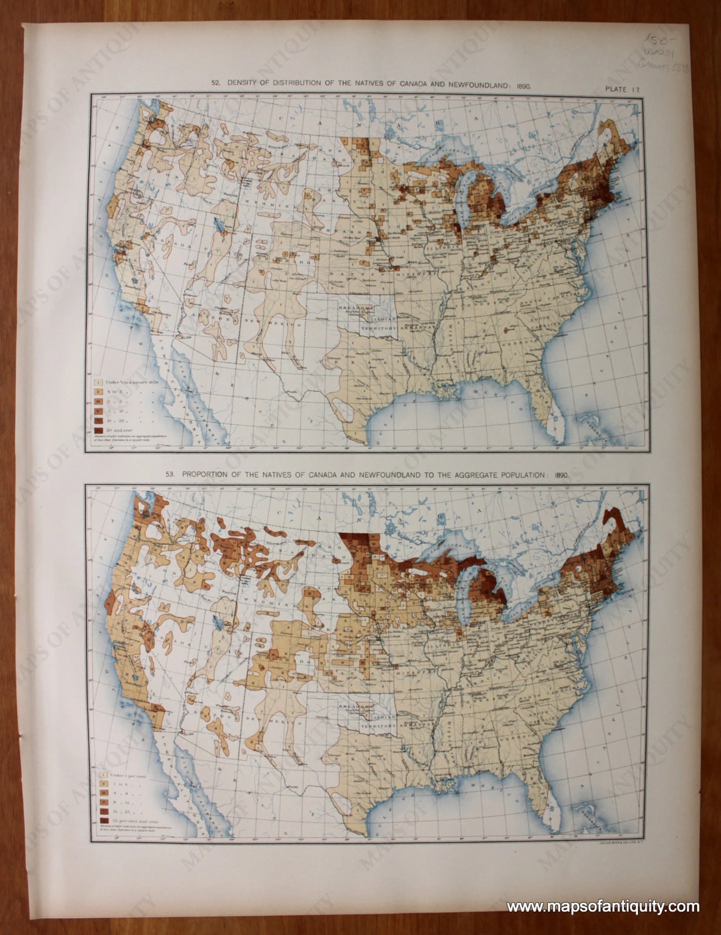 Antique-Printed-Color-Map-Density-of-Distribution-of-the-Natives-of-Canada-and-Newfoundland:-1890/-Proportion-of-the-Natives-of-Canada-and-Newfoundland-to-the-Aggregate-Population:-1890-United-States-United-States-General-1898-Gannett-Maps-Of-Antiquity