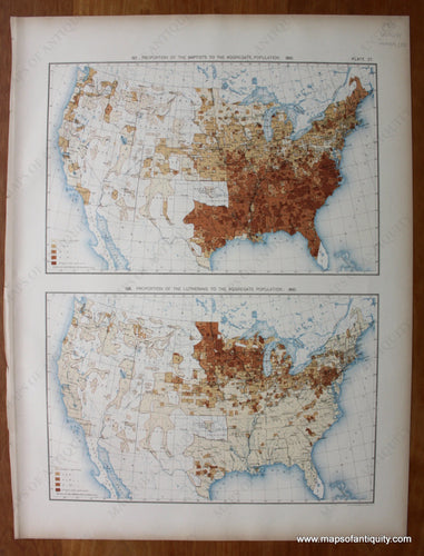 Antique-Printed-Color-Map-Proportion-of-the-Baptists-to-the-Aggregate-Population:-1890/-Proportion-of-the-Lutherans-to-the-Aggregate-Population:-1890-United-States-United-States-General-1898-Gannett-Maps-Of-Antiquity