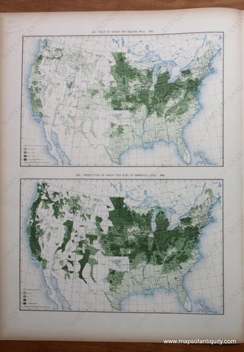 Antique-Printed-Color-Map-Yield-of-Wheat-Per-Square-Mile:-1890/-Production-of-Wheat-Per-Acre-of-Improved-Land:-1890-United-States-United-States-General-1898-Gannett-Maps-Of-Antiquity