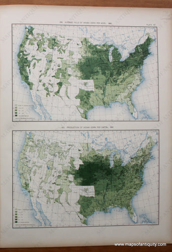 Antique-Printed-Color-Map-Average-Yield-of-Indian-Corn-Per-Acre:-1890/-Production-of-Indian-Corn-Per-Capita:-1890-United-States-United-States-General-1898-Gannett-Maps-Of-Antiquity