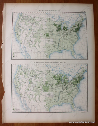 Antique-Printed-Color-Map-Yield-of-Rye-Per-Square-Mile:-1890/-Production-of-Rye-Per-Acre-of-Improved-Land:-1890-United-States-United-States-General-1898-Gannett-Maps-Of-Antiquity
