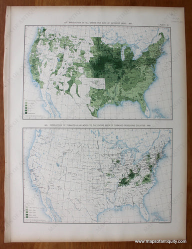 Antique-Printed-Color-Map-Production-of-All-Grains-Per-Acre-of-Improved-Land:-1890/-Production-of-Tobacco-in-Relation-to-the-Entire-Area-of-Tobacco-Producing-Counties:-1890-United-States-United-States-General-1898-Gannett-Maps-Of-Antiquity