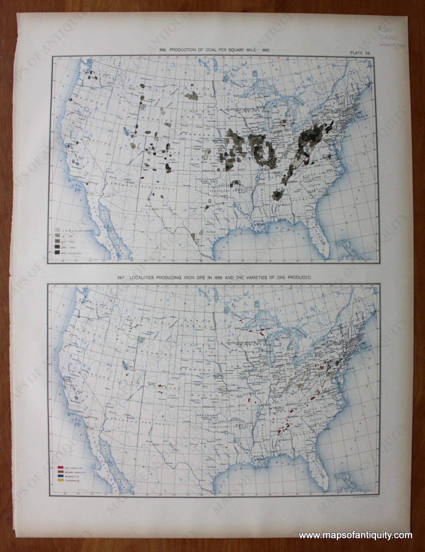 Antique-Printed-Color-Map-Production-of-Coal-Per-Square-Mile:-1890/-Localities-Producing-Iron-Ore-in-1889-And-The-Varieties-of-Ore-Produced-United-States-United-States-General-1898-Gannett-Maps-Of-Antiquity