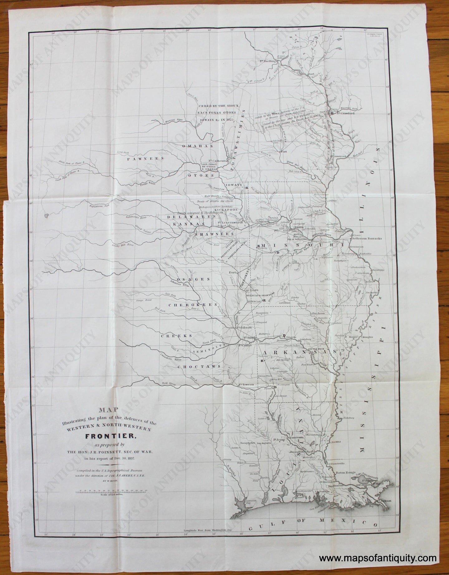 Antique-Uncolored-Map-Map-Illustrating-the-plan-of-the-defences-of-the-Western-&-North-Western-Frontier-as-proposed-by-the-Hon.-J.R.-Poinsett-Sec.-of-War.-1837-Hood-Poinsett-US-Government-1800s-19th-century-Maps-of-Antiquity