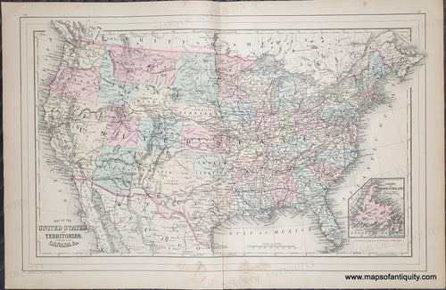 Colored by state/territory with antique tones of pink, orange, yellow, green, blue. Antique-Hand-Colored-Map-Map-of-the-United-States-and-Territories.-Together-with-Canada-&c.-United-States--1885-Mitchell-Maps-Of-Antiquity-1800s-19th-century