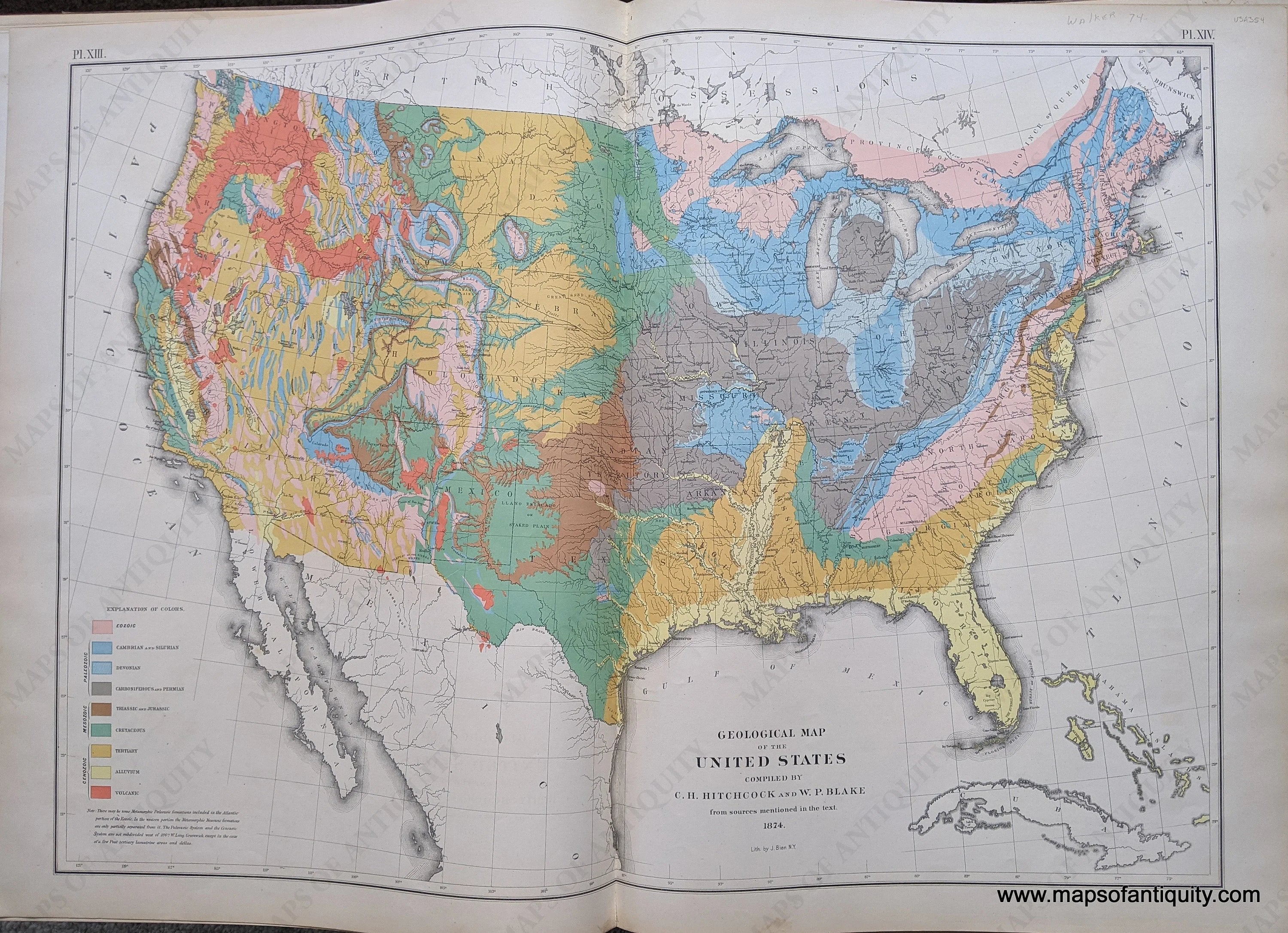 Acea Map 1874 - Geological Map of the United States compiled by C. H. Hitchcock ...