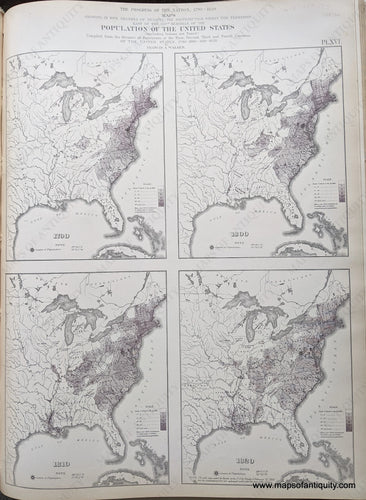 Genuine-Antique-Map-The-Progress-of-the-Nation-1790-1820.-Maps-showing-in-Five-Degrees-of-Density-the-Distribution-within-the-Territory-East-of-the-100th-Meridian-of-the-Population-of-the-United-States-United-States--1874-Walker-/-Bien-Maps-Of-Antiquity-1800s-19th-century