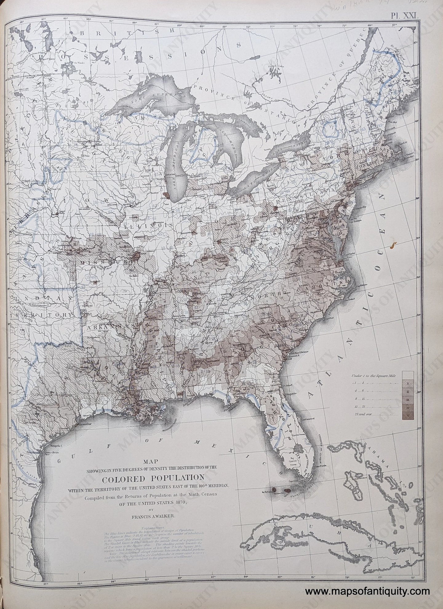 Genuine-Antique-Map-Map-Showing-in-Five-Degrees-of-Density-the-Distribution-of-the-Colored-Population-within-the-Territory-of-the-United-States-East-of-the-100th-Meridian.-United-States--1874-Walker-/-Bien-Maps-Of-Antiquity-1800s-19th-century