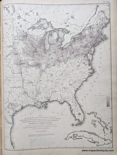 Genuine-Antique-Map-Map-showing-in-Five-Degrees-of-Density-the-Distribution-within-the-Territory-of-the-United-States-East-of-the-100th-Meridian-of-that-portion-of-the-Population-which-is-in-whole-or-in-part-of-Foreign-Parentage-(embracing-i.e.-all-persons-having-father-or-mother-or-both-foreign.)-United-States--1874-Walker-/-Bien-Maps-Of-Antiquity-1800s-19th-century