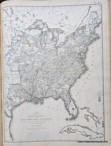 Genuine-Antique-Map-Map-Showing-the-Illiteracy-of-the-Adult-White-Male-Population-United-States--1874-Walker-/-Bien-Maps-Of-Antiquity-1800s-19th-century