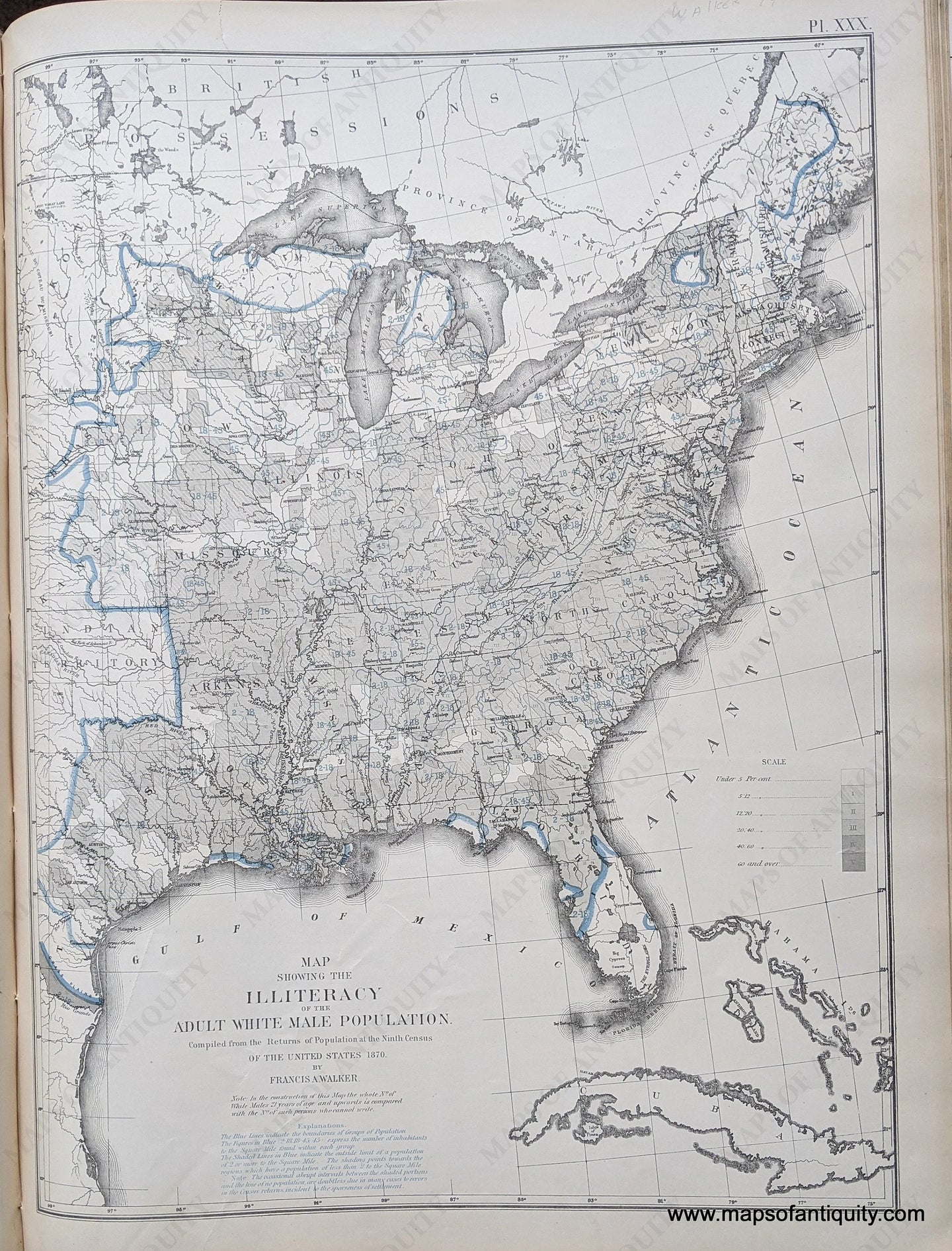 Genuine-Antique-Map-Map-Showing-the-Illiteracy-of-the-Adult-White-Male-Population-United-States--1874-Walker-/-Bien-Maps-Of-Antiquity-1800s-19th-century