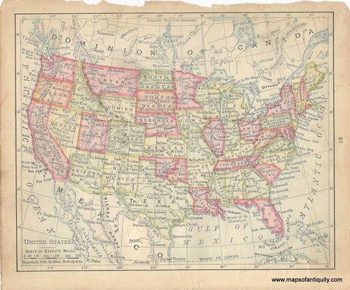 Antique map with original color in tones of pink, green, yellow, and orange. map of the United States with colored states on a toned background. Genuine-Antique-Map-United-States-1900-Rand-McNally-Maps-Of-Antiquity